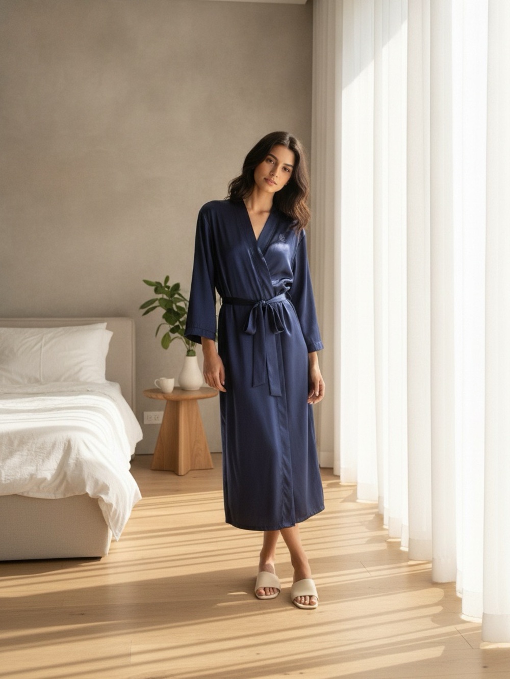 JONES NEW YORK Navy Long Satin Robe 
Size Small